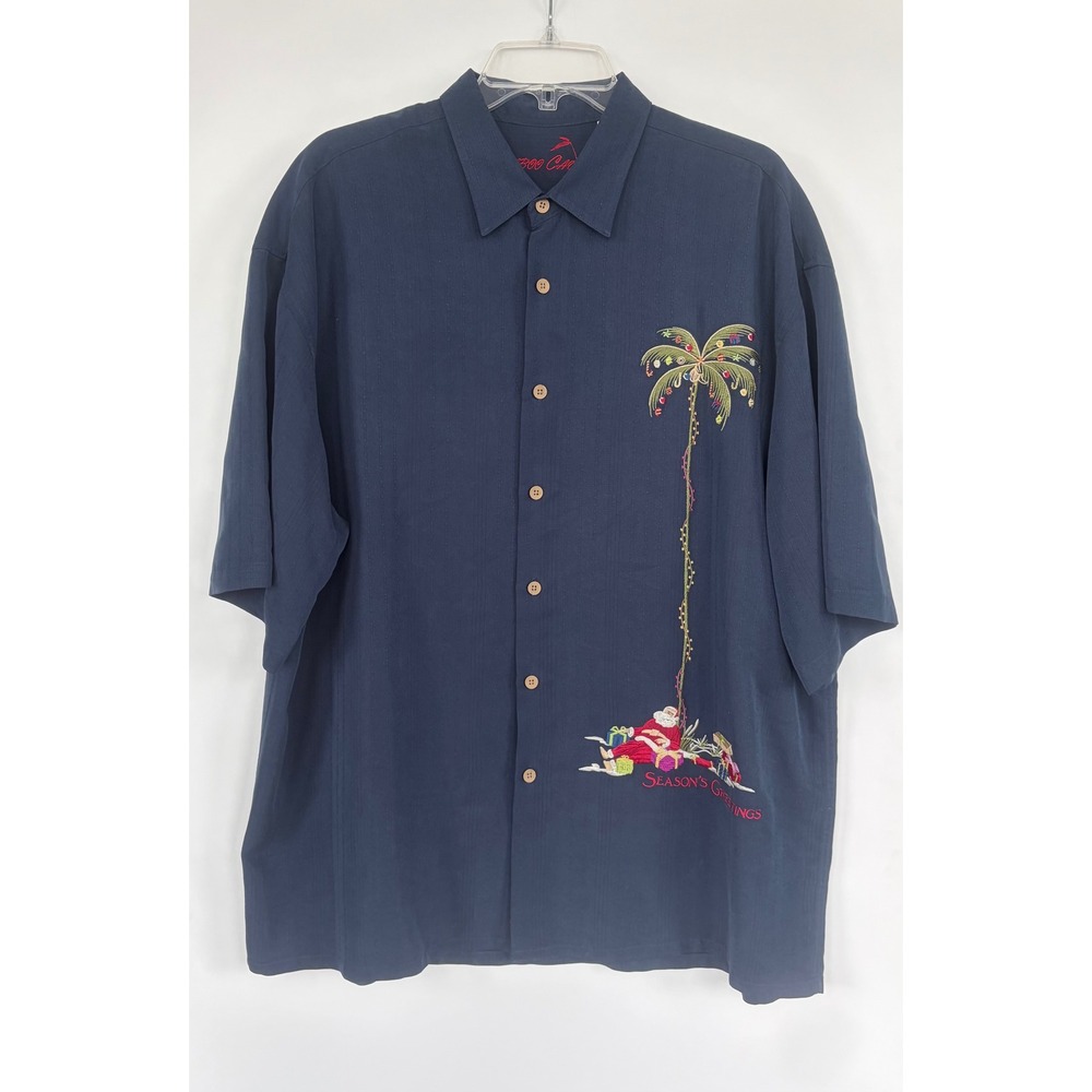 Bamboo Cay Mens Christmas Palm Tree Santa Embroidered Silk Blend Shirt Navy M